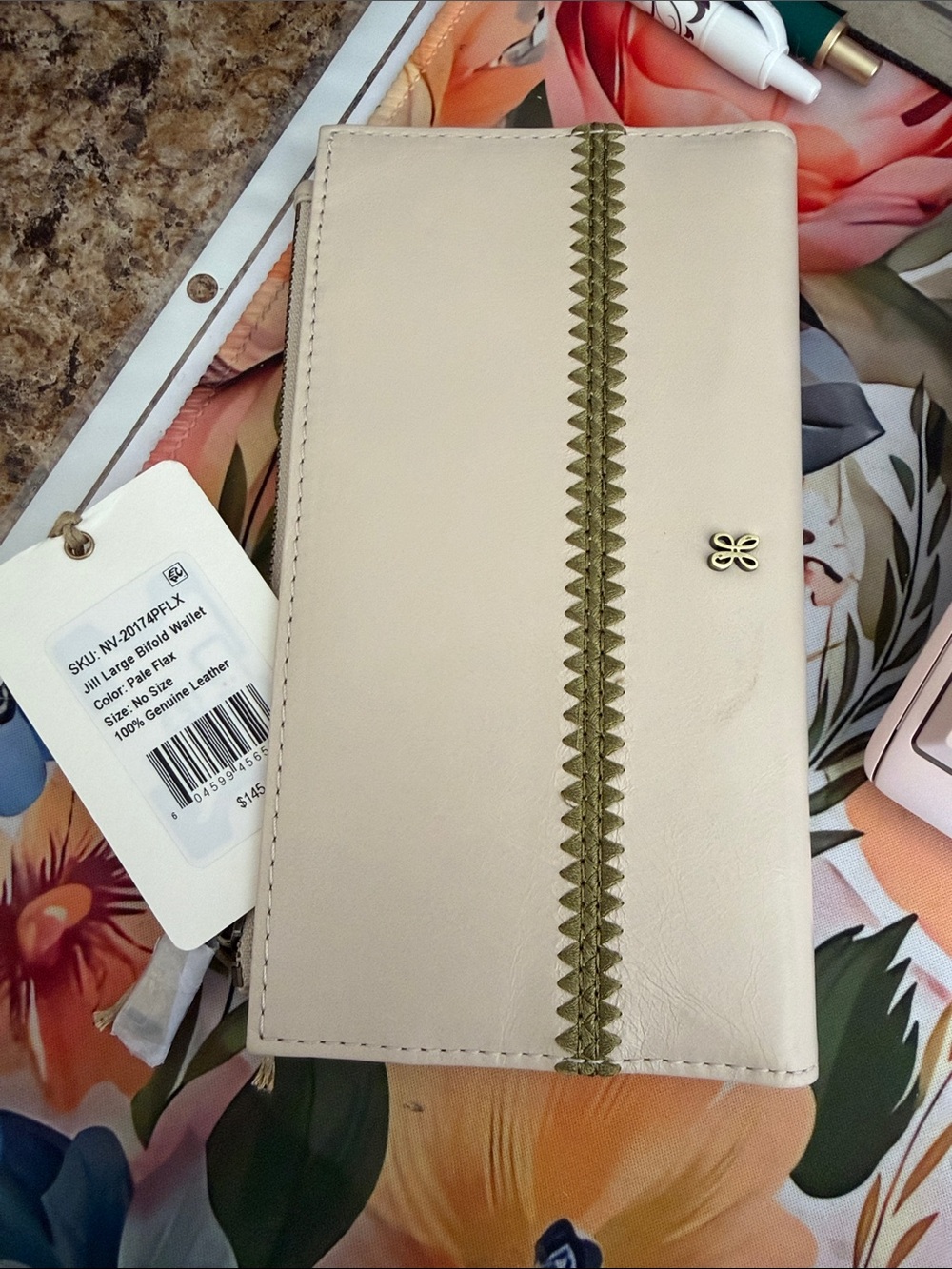 HOBO Cream Leather Bifold Wallet with Olive Trim